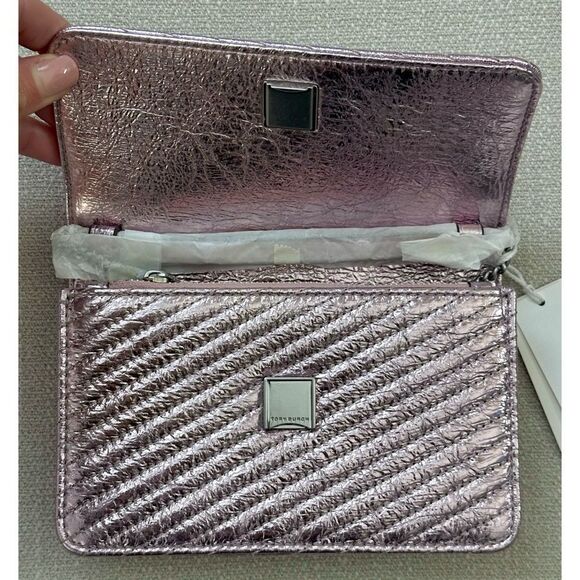 TORY BURCH MINI KIRA MOTO QUILT METALLIC TOP-HANDLE CROSSBODY, SPARKLE PINK - Picture 6 of 12